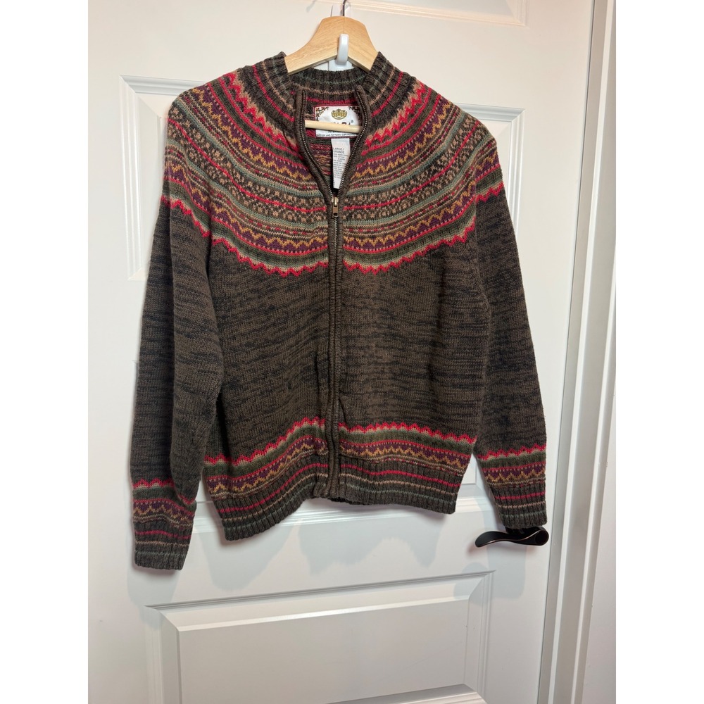 Tiara International Brown Fair Isle Full Zip Cardigan Sweater Ramie Cotton Large